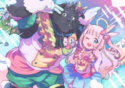  1boy amduscias_(housamo) animal_ears bara bat_wings black_fur blonde_hair blue_choker blue_skirt bow braid choker closed_mouth collar commentary_request demon_tail feet_out_of_frame female finger_to_face flower_ornament frilled_shirt frills furry furry_male gabriel_(housamo) gloves green_eyes green_shorts grey_hair hairbow halo hand_to_hand heart heart_print highres horns idol idol_clothes lens_flare long_hair looking_at_viewer looking_to_the_side muscular muscular_male one_eye_closed open_mouth polka_dot rabbit_ears sawch_cls shirt short_hair shorts sidelocks signature single_braid single_horn skirt smile sparkle tail tokyo_afterschool_summoners tusks white_gloves wings 