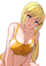  bikini blonde_hair blue_eyes blush breasts cleavage crop_top darkness_(konosuba) dutch_angle female hair_ornament kono_subarashii_sekai_ni_shukufuku_wo! leaning_forward long_hair looking_at_viewer medium_breasts midriff navel open_mouth sidelocks sikijou77o simple_background solo sports_bra swimsuit thighs two-tone_sports_bra v_arms white_background x_hair_ornament yellow_bikini 