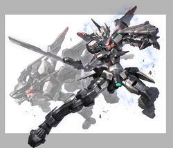  blue_eyes border box_art code_beast grey_border highres holding holding_sword holding_weapon hundred_edge mecha morishita_naochika multiple_views no_humans official_art open_hand robot science_fiction sword v-fin weapon white_background 