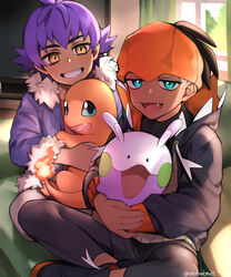  2boys aged_down black_hoodie blush charmander commentary curtains dark-skinned_male dark_skin fire flame-tipped_tail goomy holding holding_pokemon hood hoodie indian_style indoors leon_(pokemon) male_focus meltnotmelt multiple_boys oerba_yun_fang open_mouth orange_headwear pokemon pokemon_(creature) pokemon_swsh purple_hair raihan_(pokemon) shirt sitting smile teeth tongue window yellow_eyes 