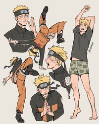  1boy alternate_hairstyle animal_print black_shirt blonde_hair blue_eyes blush casual collage cropped_torso etceteraart facial_mark forehead_protector frog_print full_body grey_male_underwear hand_gesture highres kunai looking_at_viewer male_focus male_underwear naruto:_the_last naruto_(series) ninja no_pants orange_pants pants print_male_underwear shirt short_hair stretching underwear uzumaki_naruto weapon whisker_markings 