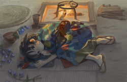  backlighting bellflower blue_flower bowl brown_eyes brown_hair female fetal_position fire floral_print flower full_body hair_ribbon hand_on_own_cheek hand_on_own_face indoors irori_(hearth) japanese_clothes kimono log long_sleeves looking_at_viewer lying on_side one_side_up original purple_flower red_ribbon ribbon sad sash solo tatami waraji water yk_(tnkau) yukata 