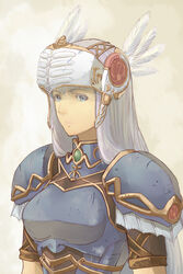  armor blue_armor blue_eyes feathers female gold_trim grey_hair helmet lenneth_valkyrie long_hair nonji_(sayglo_halo) portrait shoulder_armor valkyrie valkyrie_profile_(series) winged_helmet 