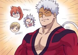  3boys ^^^ bara blush bodysuit boku_no_hero_academia chips_n_cookies commentary english_commentary female grey_hair kendou_itsuka large_pectorals male_focus mature_male monoma_neito multiple_boys muscular muscular_male no_scar pectoral_cleavage pectorals red_bodysuit short_hair solo_focus tetsutetsu_tetsutetsu tusks upper_body vlad_king_(boku_no_hero_academia) 