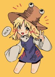  +_+ animal_print black_eyes blonde_hair blush breasts brown_hat cross dress english_commentary eyes_visible_through_hair female frog_print grey_shirt hair_between_eyes hair_ribbon hand_up hat long_sleeves looking_to_the_side medium_breasts medium_hair moriya_suwako open_mouth orange_background orange_eyes purple_dress rbfnrbf_(mandarin) red_ribbon ribbon shirt simple_background smile solo speech_bubble standing star_(symbol) touhou tress_ribbon v wide_sleeves 