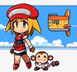  belt bike_shorts blonde_hair brown_gloves cabbie_hat closed_mouth cropped_jacket data_(mega_man) female gloves green_eyes hat ibara. jacket long_hair looking_at_viewer mega_man_(series) mega_man_legends_(series) red_headwear red_jacket red_shorts roll_caskett_(mega_man) short_sleeves shorts smile 