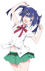  :d bad_id bad_pixiv_id blue_hair bow bowtie bright_pupils commentary_request duplicate female green_skirt hair_ornament hairclip ixy kusanagi_yuma long_hair looking_at_viewer navel open_mouth pixel-perfect_duplicate purple_eyes red_bow red_bowtie red_ribbon ribbon shirt short_sleeves simple_background skirt smile solo soushin_shoujo_matoi twintails white_background white_pupils white_shirt 