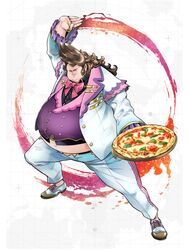  #compass 1boy arm_up aura belly belt black_shirt blue_eyes bow bowtie brown_hair buttons cheese collared_shirt fat fat_man food frilled_sleeves frills full_body fuse_ryuuta grin happy highres holding holding_food holding_tray jacket jewelry leaf legs_apart long_hair looking_at_viewer male_focus margherita_pizza multicolored_footwear navel official_art open_clothes open_jacket pants pierre_the_77th pizza pocket purple_vest red_bow red_bowtie ring shirt shoes sidelocks smile solo source_request standing teeth tomato tray undersized_clothes vest white_background white_jacket white_pants 