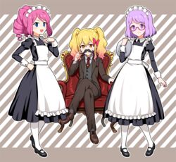  3girls :d aikatsu!_(series) aikatsu_stars! alternate_costume apron armchair black_dress black_footwear blonde_hair blue_eyes bow brown_background brown_footwear brown_suit business_suit chair closed_mouth collared_shirt crossdressing crossed_legs dress drill_hair enmaided facial_hair fake_facial_hair fake_mustache formal frilled_apron frills gradient_hair grey_legwear grey_shirt hairbow hand_on_own_hip holding holding_tray loafers long_hair long_sleeves looking_at_viewer maid maid_apron maid_headdress moustache multicolored_hair multiple_girls nanakura_koharu necktie nijino_yume on_chair open_mouth pantyhose pink-framed_eyewear pink_bow pink_hair puffy_sleeves purple_eyes purple_hair sakuraba_rola shirt shoes short_hair sitting smile smug socks striped striped_background suit tray twintails two-tone_background v-shaped_eyebrows white_apron white_background white_legwear wrist_cuffs yoban 