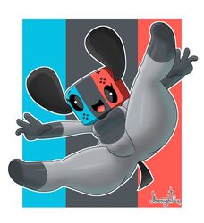  4_fingers absurd_res anthro anthrofied digital_media_(artwork) female fingers hi_res jhenightfox looking_at_viewer nintendo nintendo_switch open_mouth open_smile pattern_background signature simple_background smile solo spread_legs spreading switch_dog tongue 