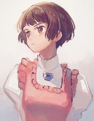  breasts brown_eyes brown_hair female frown grey_background gundam hair_behind_ear head_tilt juliet_sleeves long_sleeves looking_to_the_side medium_breasts namihaya puffy_sleeves short_hair sochie_heim solo turn_a_gundam turtleneck upper_body 