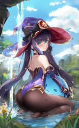  :t aqua_eyes ass bare_shoulders black_gloves black_hair black_pantyhose breasts cloud commentary day earrings feet female flower genshin_impact gloves hair_ornament hat highres holding in_water jewelry kneeling leotard liu_liaoliao long_hair looking_at_viewer looking_back medium_breasts mona_(genshin_impact) no_shoes outdoors pantyhose pout sky slime_(genshin_impact) solo symbol-only_commentary twintails water waterfall wet wet_clothes witch_hat 