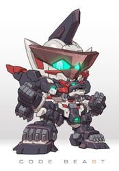  blue_eyes chibi clenched_hands code_beast copyright_name glowing glowing_eyes hundred_edge mecha no_humans robot science_fiction solo standing susagane v-fin 