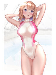  arms_behind_head breasts brown_eyes commentary_request competition_swimsuit cowboy_shot female indoors large_breasts light_brown_hair looking_at_viewer mashinatsu multicolored_clothes multicolored_swimsuit one-piece_swimsuit original pool rei_no_pool short_hair solo standing swimsuit turtleneck white_one-piece_swimsuit 