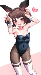  absurdres animal_ears azumake_(azumakei) black_legwear black_leotard blush brown_eyes brown_hair bunny_pose collarbone fake_animal_ears feet_out_of_frame female heart highres leotard looking_at_viewer open_mouth pantyhose rabbit_ears short_hair smile solo thighhighs thighhighs_over_pantyhose touhoku_kiritan two-tone_background voiceroid white_footwear wrist_cuffs 