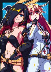  2girls animal armband belt belt_buckle bird black_clothes black_hair black_legwear black_nails black_panties blue_background blue_eyes breasts buckle crow crow_(gravity_daze) detached_sleeves formal gravity_daze gravity_daze_2 guilty_gear halo hands_on_own_chest hands_on_own_hips jack-o&#039;_valentine jewelry jumpsuit long_hair looking_at_viewer medium_breasts multicolored_hair multiple_girls necklace panties red_eyes red_hair revealing_clothes scalizo suit tattoo two-tone_hair underwear white_hair white_suit xii_(gravity_daze) 