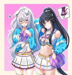  2girls ahoge animal_ears arm_up arrow_(symbol) artist_name bandaid bandaid_on_face bandaid_on_nose belt biwa_hayahide_(umamusume) black_hair blue_jacket blush breasts closed_mouth commentary_request cosplay crop_top ears_down glasses grey_hair holding holding_own_hair holding_pom_poms horse_ears horse_girl horse_tail jacket kuzumochi_(kuzumochiya) layered_skirt long_hair long_sleeves looking_at_viewer medium_breasts midriff multiple_girls narita_brian_(umamusume) navel nice_nature_(run&amp;win)_(umamusume) nice_nature_(umamusume) nice_nature_(umamusume)_(cosplay) one_eye_closed open_clothes open_jacket open_mouth pom_pom_(cheerleading) ponytail protected_link sailor_collar semi-rimless_eyewear shirt siblings sisters skirt sleeveless sleeveless_shirt spoken_object squiggle sweatdrop tail thigh_strap umamusume white_shirt white_skirt yellow_eyes 