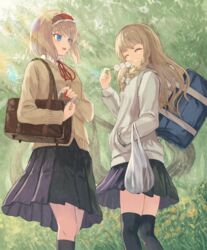  2girls alice_margatroid alternate_costume bad_id bad_pixiv_id bag beige_sweater black_legwear black_skirt blonde_hair blue_eyes braid breasts bush buttons closed_eyes collared_shirt commentary_request dango duffel_bag feet_out_of_frame food frilled_hairband frills grin hairband hand_in_pocket highres hood hoodie kirisame_marisa light_rays lolita_hairband long_hair long_sleeves looking_to_the_side medium_breasts multiple_girls neck_ribbon ookashippo pleated_skirt red_hairband red_ribbon ribbon school_uniform shirt short_hair single_braid skirt smile standing sunbeam sunlight sweater thighhighs touhou tree wagashi white_shirt white_sweater wing_collar 