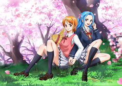  2girls :d black_legwear blazer blue_hair blue_jacket bow bowtie brown_eyes brown_footwear cherry_blossoms commentary_request grass hair_ribbon highres holding_hands hungry_days jacket legs long_hair looking_at_viewer loose_bowtie md5_mismatch multiple_girls nami_(one_piece) nefertari_vivi official_alternate_costume one_piece open_mouth orange_hair outdoors parted_bangs petals pink_ribbon pink_vest pleated_skirt purple_eyes red_bow red_bowtie ribbon rider_(orange_couture) school_uniform shirt shoes short_hair sitting skirt smile socks tears tree vest white_shirt white_skirt 