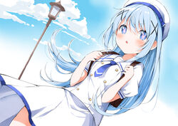  absurdres backpack bag beret blue_eyes blue_hair blue_sky blush chestnut_mouth cloud commentary dutch_angle female gochuumon_wa_usagi_desu_ka? hair_ornament hat highres kafuu_chino kafuu_chino&#039;s_school_uniform lamppost long_hair necktie open_mouth rabbit-shaped_pupils school_uniform skirt sky solo symbol-shaped_pupils x_hair_ornament yanagi_marie 