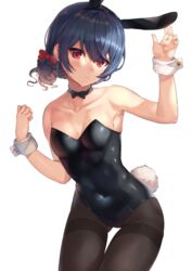  animal_ears arm_up armpits ass_visible_through_thighs bare_shoulders black_choker black_leotard blue_hair blush bow bowtie breasts brown_pantyhose choker collarbone covered_navel cowboy_shot fake_animal_ears female hand_up highres idolmaster idolmaster_shiny_colors leotard looking_at_viewer morino_rinze pantyhose playboy_bunny rabbit_ears rabbit_tail rangen red_eyes short_hair small_breasts smile solo strapless strapless_leotard tail thigh_gap thighband_pantyhose white_background wrist_cuffs 