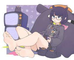  barefoot blue_eyes blunt_bangs breasts controller feet female foot_focus game_controller glasses gradient_hair hair_ornament hairclip highres holding holding_controller holding_game_controller hololive hololive_english hood hoodie legs multicolored_hair ninomae_ina&#039;nis ninomae_ina&#039;nis_(loungewear) official_alternate_costume open_mouth orange_hair pointy_ears purple_hair purple_hoodie short_hair short_shorts shorts slippers softhanten soles solo takodachi_(ninomae_ina&#039;nis) tentacle tentacle_hair toes twitter_username virtual_youtuber 