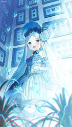  :d animal bare_shoulders birdcage blue_dress blue_eyes blue_hair blue_headwear blue_sleeves blue_theme blurry blurry_foreground blush bonnet bug butterfly cage commentary_request depth_of_field detached_sleeves dress female framed_insect gloves highres holding ikari_(aor3507) indoors insect_collection long_hair looking_at_viewer original parted_bangs sleeveless sleeveless_dress smile solo twitter_username very_long_hair white_gloves wide_sleeves 