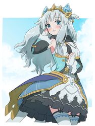  apo_518 bare_shoulders beatrice_(rune_factory) blue_eyes blush breasts bridal_gauntlets dress female grey_hair highres jewelry long_hair looking_at_viewer medium_breasts rune_factory rune_factory_5 smile solo tiara wing_hair_ornament 