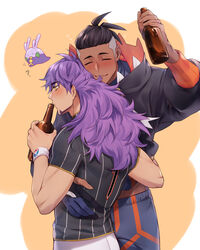  2boys ? black_hair black_hoodie blush bottle champion_uniform cheek_squash closed_mouth commentary dark-skinned_male dark_skin earrings facial_hair gloves goomy highres holding holding_bottle hood hoodie jewelry leon_(pokemon) long_hair male_focus meltnotmelt multiple_boys partially_fingerless_gloves pokemon pokemon_swsh purple_hair raihan_(pokemon) shirt short_sleeves shorts single_glove white_shorts wristband yellow_eyes 