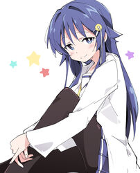  atsumare!_fushigi_kenkyuubu bad_id bad_pixiv_id black_pantyhose blue_eyes blue_hair blue_skirt blush bright_pupils closed_mouth commentary_request duplicate female hair_ornament ixy long_hair long_sleeves looking_at_viewer oohara_kotone pantyhose pixel-perfect_duplicate school_uniform serafuku simple_background sitting skirt smile solo star_(symbol) white_background white_pupils 