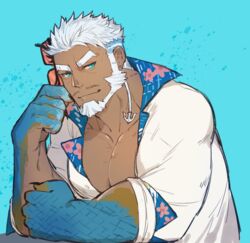  1boy aegir_(housamo) bara beard blue_eyes dark-skinned_male dark_skin earrings elbow_rest facial_hair jewelry looking_at_viewer male_focus mature_male muscular muscular_male open_clothes partially_unbuttoned pectoral_cleavage pectorals short_hair single_earring solo thick_eyebrows tokyo_afterschool_summoners unworn_eyewear uori upper_body white_hair 