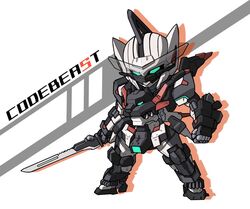  bad_id bad_twitter_id blue_eyes chibi clenched_hand code_beast holding holding_sword holding_weapon hundred_edge inamo mecha no_humans robot science_fiction solo sword v-fin weapon 