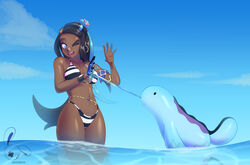  32rabbitteeth absurdres artist_name bare_arms bare_shoulders bikini black_bikini black_hair blue_eyes blue_skin bracelet breasts cleavage colored_skin dark-skinned_female dark_skin earrings female hair_bun highres hoop_earrings jewelry long_hair multicolored_bikini multicolored_clothes multicolored_hair nessa_(pokemon) one_eye_closed pokemon pokemon_(creature) pokemon_swsh quagsire single_hair_bun swimsuit tail water white_bikini 