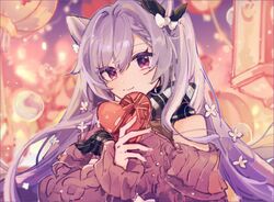  ayano_(katou) blurry blurry_background box cone_hair_bun female genshin_impact gift gift_box hair_between_eyes hair_bun hair_ornament holding holding_gift keqing_(genshin_impact) keqing_(lantern_rite)_(genshin_impact) lantern long_hair long_sleeves off_shoulder official_alternate_costume purple_eyes purple_hair purple_sweater scarf smile solo sweater twintails upper_body valentine 