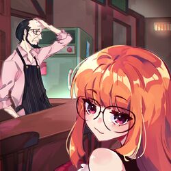  1boy apron balding beard black_apron black_eyes black_hair collared_shirt eating_the_chess_pieces_(meme) emi_star english_commentary facial_hair father_and_daughter female glasses hair_behind_ear hand_on_own_head highres meme orange_hair persona persona_5 pink_shirt red_eyes sakura_futaba sakura_soujirou shirt textless_version 