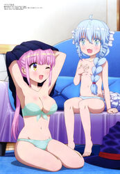  2girls :d absurdres barefoot bedroom black_dress blue_eyes blue_panties blunt_bangs bra braid breasts dragon_girl dress fa_(rpg_fudousan) feet green_bra green_panties hair_ornament hat highres kazairo_kotone long_hair looking_at_another medium_breasts megami_magazine multiple_girls navel official_art on_bed on_floor one_eye_closed open_mouth panties pink_hair rpg_fudousan scan sitting small_breasts smile stomach strapless strapless_bra tail taniguchi_motohiro topless underwear underwear_only undressing witch_hat yellow_eyes 