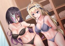  2girls ahoge bare_shoulders basket black_bra black_hair black_panties blonde_hair blush bra breast_hold breasts changing_room cleavage cowboy_shot dutch_angle flower granblue_fantasy grey_bra grey_eyes grey_panties hairband half_mask jeanne_d&#039;arc_(granblue_fantasy) large_breasts long_hair looking_at_another mask multiple_girls navel open_mouth panties rosamia_(granblue_fantasy) rumiya9i smile underwear undressing 