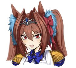  animal_ears blue_bow blue_jacket blush bow brown_hair collared_shirt daiwa_scarlet_(umamusume) epaulettes female hair_intakes hairbow highres horse_ears horse_girl jacket long_hair looking_at_viewer open_mouth orrdriver portrait protected_link red_bow red_eyes shirt solo tiara twintails umamusume v-shaped_eyebrows white_shirt 