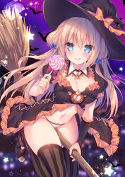  :q absurdres animal bat_(animal) black_dress black_footwear black_hat blue_eyes blurry blurry_background blush bow breasts broom broom_riding candy cleavage closed_mouth commentary_request depth_of_field dress female food frilled_dress frills hair_between_eyes halloween hat hat_bow highres holding holding_candy holding_food holding_lollipop light_brown_hair lollipop long_hair looking_at_viewer medium_breasts orange_bow original panties puffy_short_sleeves puffy_sleeves shoes short_sleeves smile solo sorai_shin&#039;ya star_(symbol) striped_clothes striped_thighhighs swirl_lollipop thighhighs tongue tongue_out traene_(sorai_shin&#039;ya) underwear vertical-striped_clothes vertical-striped_thighhighs very_long_hair white_panties witch_hat 