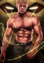  1boy abs alternate_pectoral_size armored_titan bara belt blonde_hair blood blood_on_hands brown_belt commentary_request dagger feet_out_of_frame grey_pants highres holding holding_dagger holding_knife holding_weapon knife large_pectorals lightning lips looking_at_viewer male_focus muscular muscular_male navel nipples pants pectorals reiner_braun shingeki_no_kyojin short_hair simi_braun solo spoilers stomach titan_(shingeki_no_kyojin) topless_male weapon 