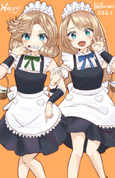  2021 2girls absurdres alternate_costume apron black_dress blonde_hair blue_eyes blue_ribbon blush bow dress fangs feet_out_of_frame green_ribbons grin halloween happy_halloween headdress highres janus_(kancolle) jervis_(kancolle) kantai_collection long_hair multiple_girls open_mouth orange_bow ribbon sakurai_nana_(moshichi) short_hair simple_background skin_fangs smile white_apron 