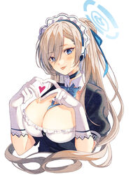  asuna_(blue_archive) black_choker black_dress blue_archive blue_eyes blue_halo blush breasts choker cleavage detached_collar dress female gloves halo heart highres large_breasts light_brown_hair long_hair looking_at_viewer maid maid_headdress mole mole_on_breast naoton puffy_short_sleeves puffy_sleeves short_sleeves simple_background smile solo tongue tongue_out upper_body very_long_hair white_background white_gloves 