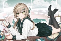  :q absurdres alternate_costume black_socks brown_hair crazy_straw cup disposable_cup drinking_straw feet female fish green_eyes green_sailor_collar green_skirt highres holding holding_cup holding_mahjong_tile honkai:_star_rail honkai_(series) kneehighs legs licking_lips long_hair long_sleeves looking_at_viewer lying mahjong_tile md5_mismatch no_shoes on_stomach pillow pleated_skirt qingque_(honkai:_star_rail) resolution_mismatch sailor_collar school_uniform serafuku shirt skirt socks soles solo source_larger the_pose toes tongue tongue_out wangzili_shitoumen white_shirt 