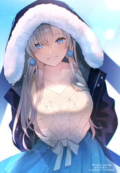  anastasia_(fate) anastasia_(under_the_same_sky)_(fate) arms_behind_back beige_sweater black_jacket blue_eyes blue_skirt blush breasts collarbone commentary_request earrings fate/grand_order fate_(series) female grey_hair grin hair_over_one_eye hood hood_up hooded_jacket jacket jewelry large_breasts long_hair long_sleeves looking_at_viewer meiji_ken open_clothes open_jacket pleated_skirt skirt smile solo very_long_hair 