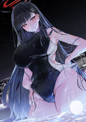  absurdres alternate_costume bare_shoulders black_hair blue_archive blunt_bangs blush breasts building commentary competition_swimsuit covered_navel covered_nipples female hair_ornament hairclip halo highleg highleg_swimsuit highres huge_breasts long_hair looking_at_viewer night one-piece_swimsuit pool red_eyes rio_(blue_archive) solo swimsuit thick_thighs thighs two-tone_swimsuit very_long_hair wading wet yuki_(asayuki101) 