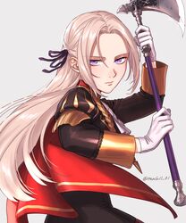  absurdres artist_name axe commentary edelgard_von_hresvelg female fire_emblem fire_emblem:_three_houses garreg_mach_monastery_uniform gloves grey_background hair_between_eyes highres holding holding_axe long_hair long_sleeves looking_at_viewer peach11_01 purple_eyes simple_background solo twitter_username upper_body watermark 