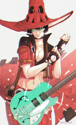  black_gloves black_hair black_shorts breasts commentary_request electric_guitar female fingerless_gloves gloves green-tinted_eyewear guilty_gear guilty_gear_strive guitar hat highres i-no instrument looking_at_viewer medium_breasts mole mole_above_mouth partially_unbuttoned red_hat red_skirt rimless_eyewear short_hair shorts shorts_under_skirt signature skirt solo sunglasses thigh_gap thighhighs tinted_eyewear tsuna_(akmu8832) twitter_username witch_hat 