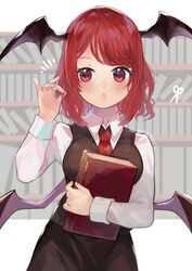  :o absurdres bat_wings black_skirt black_vest bob_cut book bookshelf breasts commentary cowboy_shot female hand_up head_wings highres holding holding_book holding_own_hair indoors koakuma long_sleeves looking_at_viewer looking_to_the_side medium_breasts medium_hair necktie niseneko_(mofumofu_ga_ienai) open_mouth red_eyes red_hair red_necktie skirt solo swept_bangs touhou vest wing_collar wings 