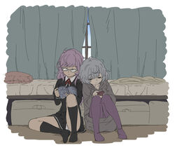  2girls bedroom black_dress black_eyes black_jacket black_socks cropped_jacket daito_academy_school_uniform dress glasses grey_hair grey_hoodie holding holding_phone hood hood_down hoodie indoors jacket kazari_jun kneehighs knees_up leaning_on_person looking_at_phone magia_record:_mahou_shoujo_madoka_magica_gaiden mahou_shoujo_madoka_magica miwa_mitsune multiple_girls no_shoes on_floor opaque_glasses panties pantyhose phone pink_hair purple_pantyhose reading school_uniform sitting socks underwear upskirt white_panties you2 