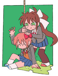  2girls blazer blue_skirt border bound bow brown_hair brown_legwear closed_eyes collared_shirt commentary doki_doki_literature_club full_body green_background green_eyes grey_jacket hairbow high_ponytail jacket long_sleeves monika_(doki_doki_literature_club) multiple_girls murder neck_ribbon nervous noose on_ground open_mouth orange_hair orange_vest outside_border pleated_skirt red_bow red_ribbon ribbon rope sayori_(doki_doki_literature_club) school_uniform shirt shoes short_hair sitting skirt socks spoilers sweat sweater_vest thighhighs tied_up_(nonsexual) trapped tsubobot uwabaki vest white_border white_bow white_footwear white_legwear white_shirt 